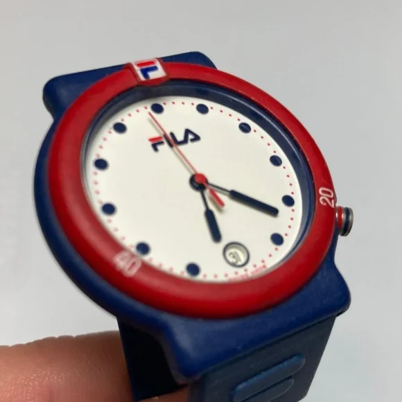 Fila vintage 95M watch, red white blue, new battery, rubber strap, date feature